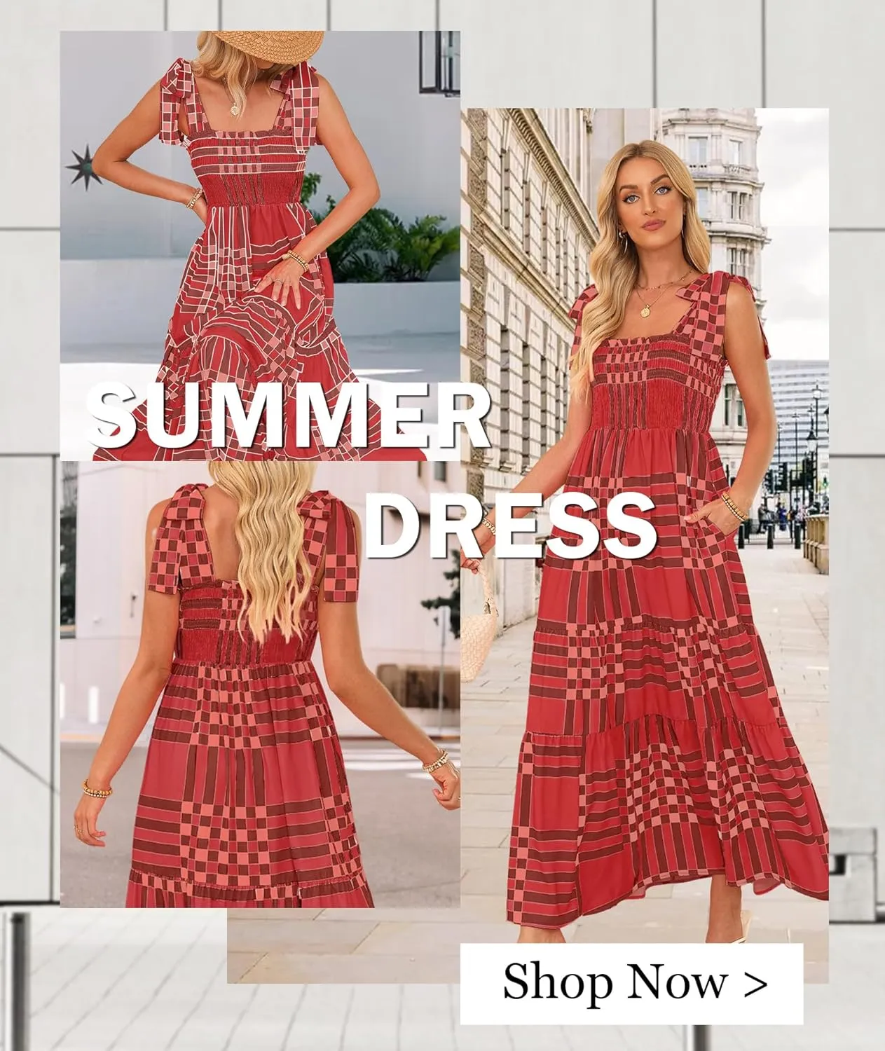 Women's Summer Maxi Dress Boho Spaghetti Straps Casual Long A-line Smocked Beach Dress Square Neck Flowy Sun Dress