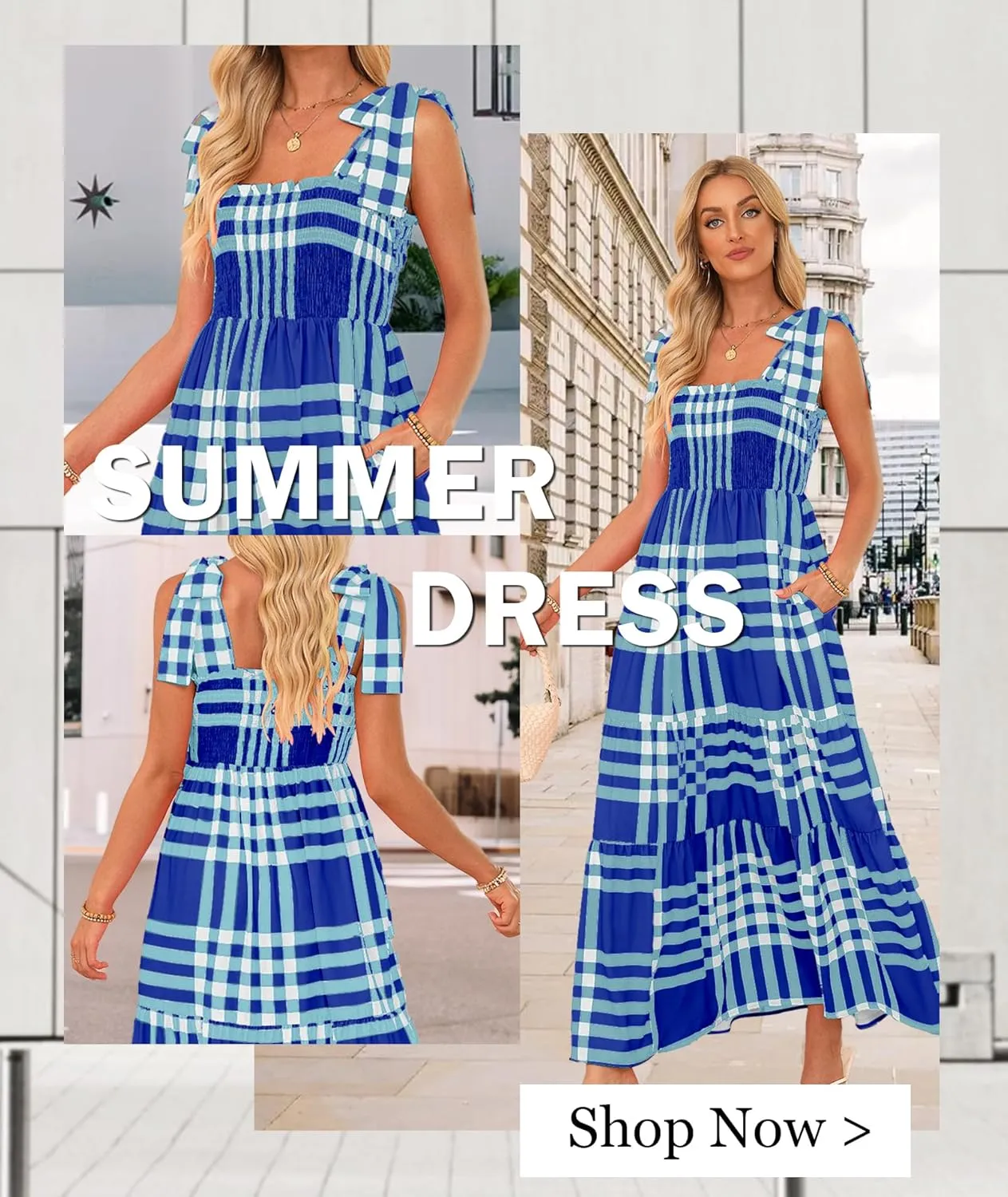 Women's Summer Maxi Dress Boho Spaghetti Straps Casual Long A-line Smocked Beach Dress Square Neck Flowy Sun Dress