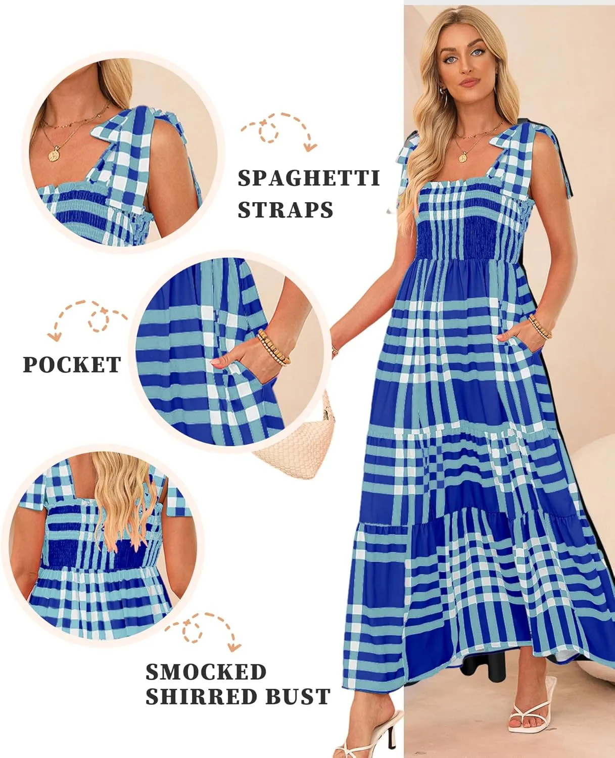 Women's Summer Maxi Dress Boho Spaghetti Straps Casual Long A-line Smocked Beach Dress Square Neck Flowy Sun Dress