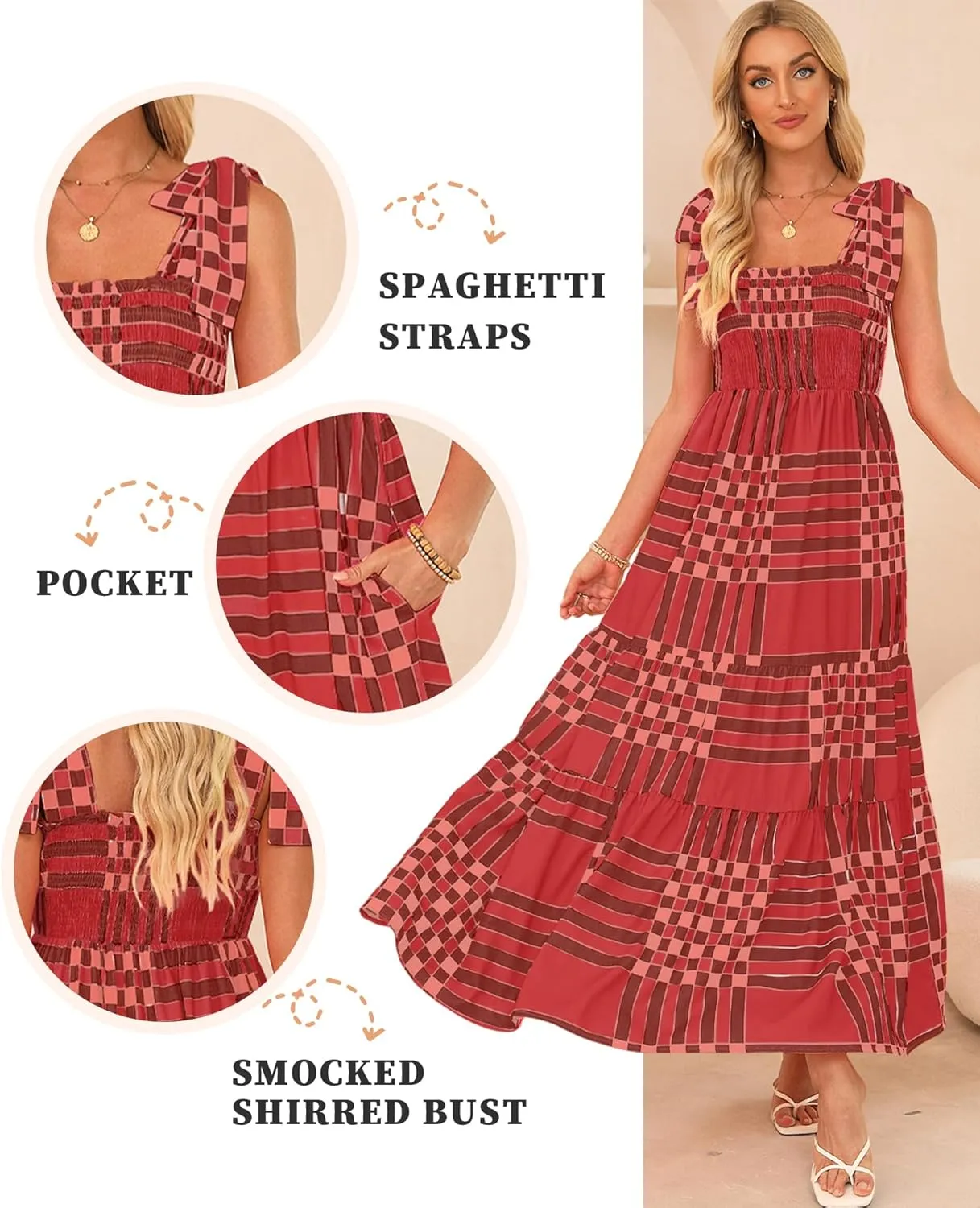 Women's Summer Maxi Dress Boho Spaghetti Straps Casual Long A-line Smocked Beach Dress Square Neck Flowy Sun Dress