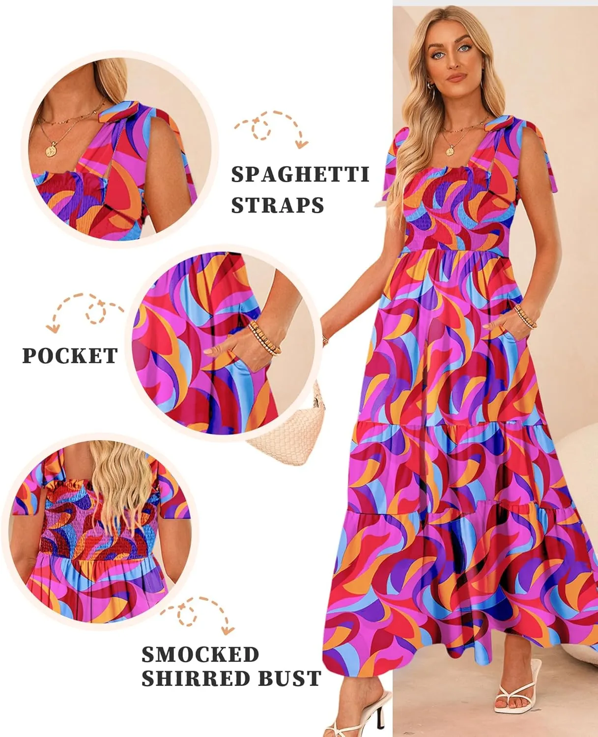 Women's Summer Maxi Dress Boho Spaghetti Straps Casual Long A-line Smocked Beach Dress Square Neck Flowy Sun Dress