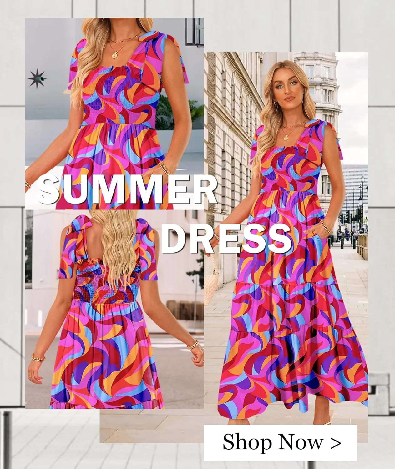 Women's Summer Maxi Dress Boho Spaghetti Straps Casual Long A-line Smocked Beach Dress Square Neck Flowy Sun Dress