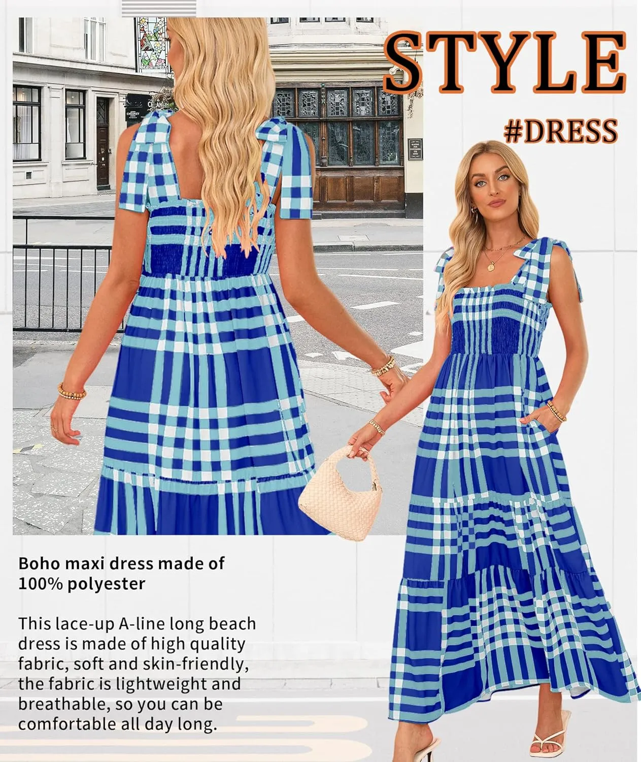 Women's Summer Maxi Dress Boho Spaghetti Straps Casual Long A-line Smocked Beach Dress Square Neck Flowy Sun Dress