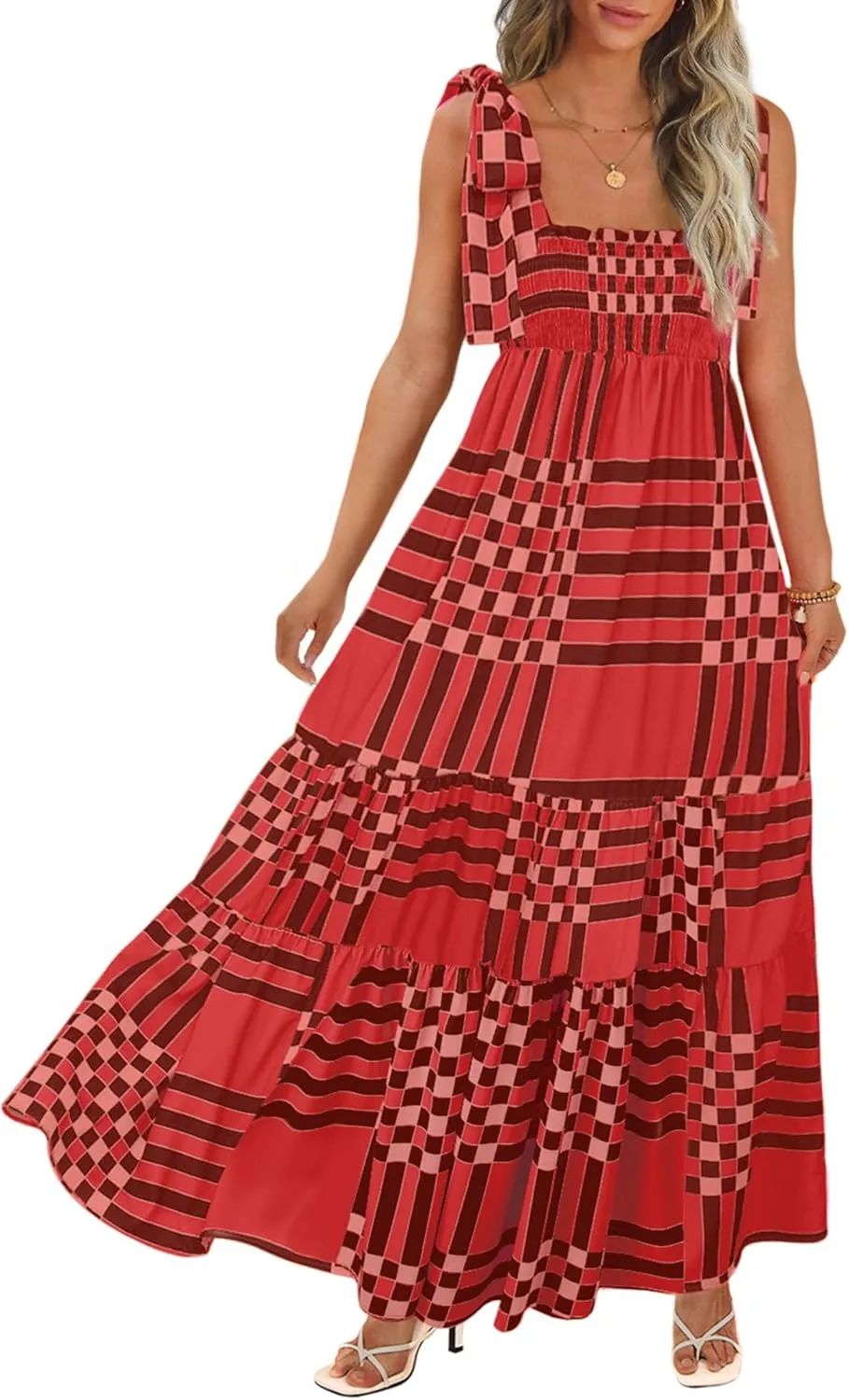 Women's Summer Maxi Dress Boho Spaghetti Straps Casual Long A-line Smocked Beach Dress Square Neck Flowy Sun Dress