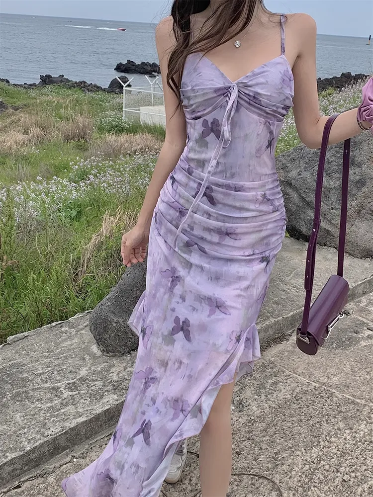 Women's summer purple butterfly print suspender dress