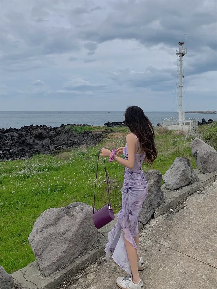 Women's summer purple butterfly print suspender dress