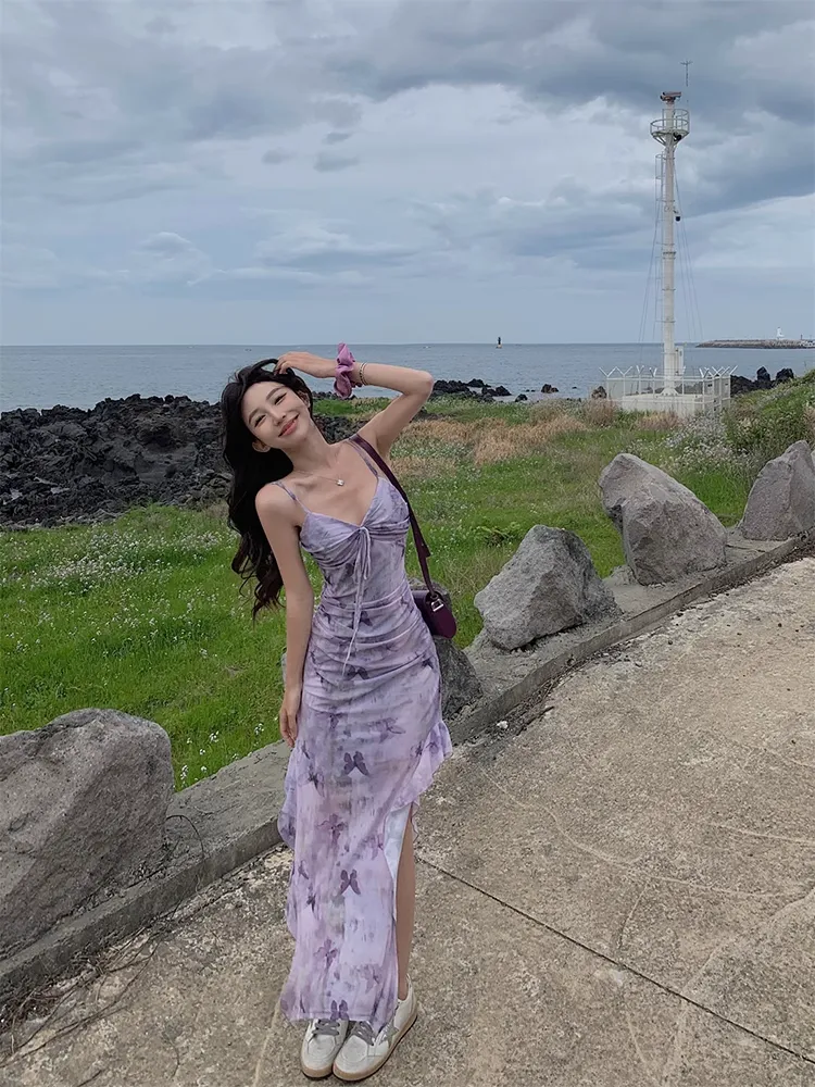 Women's summer purple butterfly print suspender dress