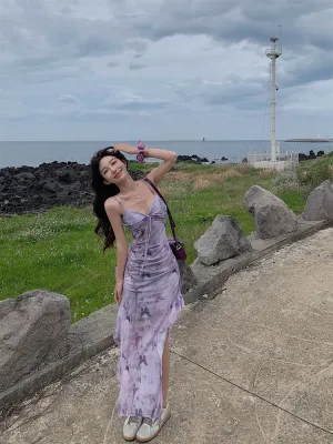Women's summer purple butterfly print suspender dress