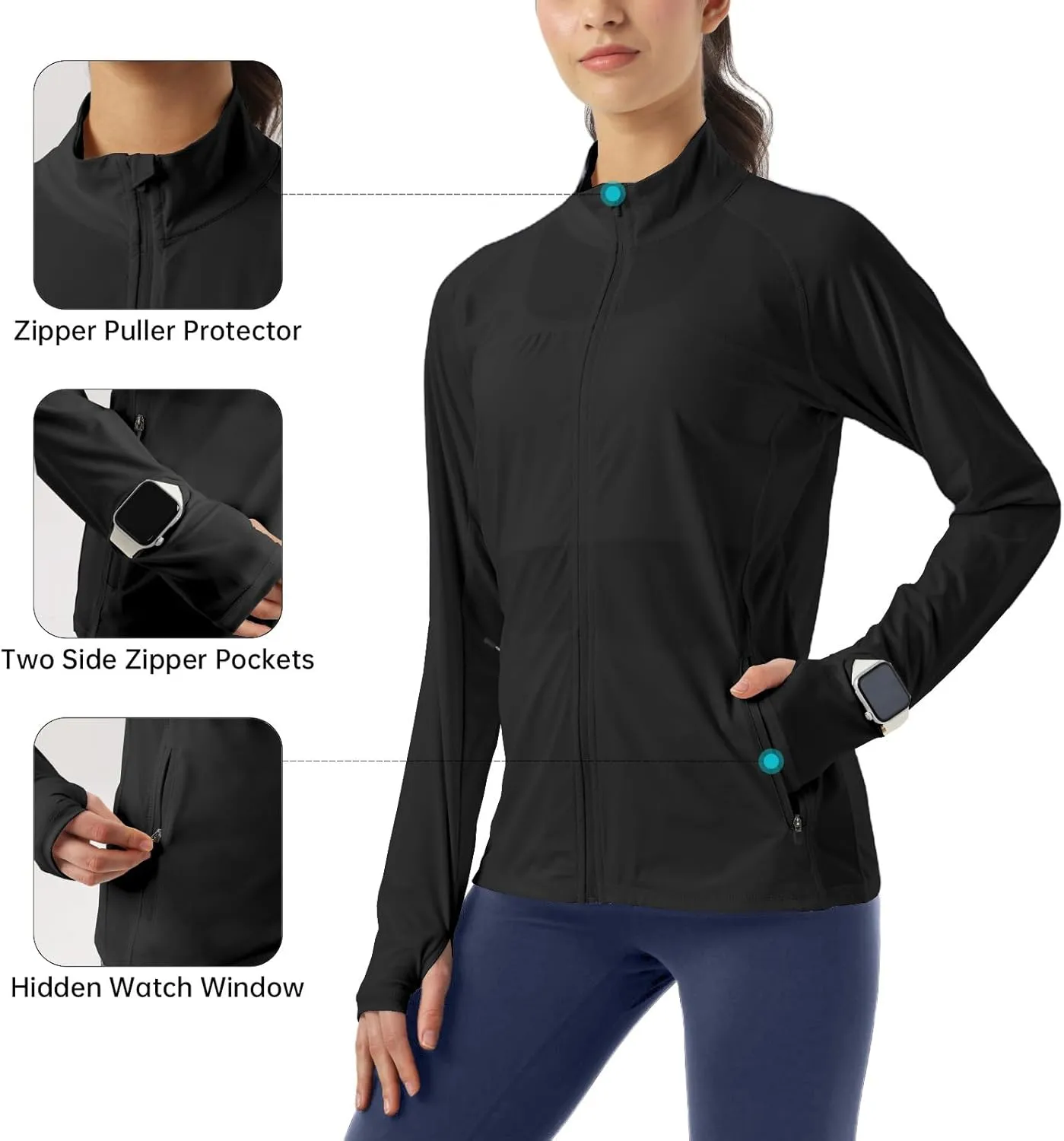 Womens Sun Protection Athletic Jackets UPF 50  Spf Lightweight Full Zip Up UV with Pockets Running No Hood
