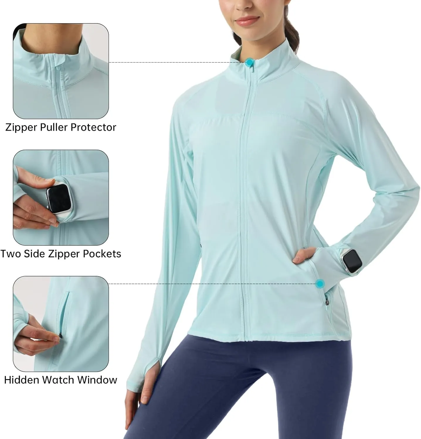 Womens Sun Protection Athletic Jackets UPF 50  Spf Lightweight Full Zip Up UV with Pockets Running No Hood