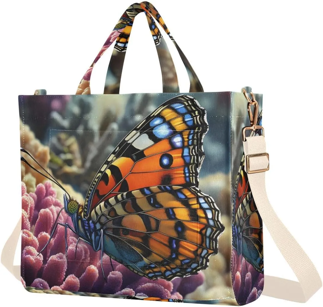 Women's Tote Bag Coral Butterfly Print, Corduroy Handbags Purses with Detachable Strap Small