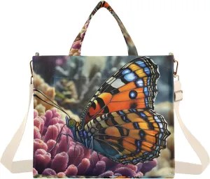 Women's Tote Bag Coral Butterfly Print, Corduroy Handbags Purses with Detachable Strap Small