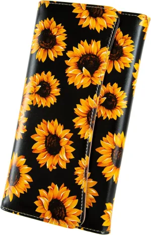 Womens Wallet Leather RFID Blocking Trifold Ladies Purse long Clutch Credit Card Holder Phone Checkbook Organizer (Black Sunflower)