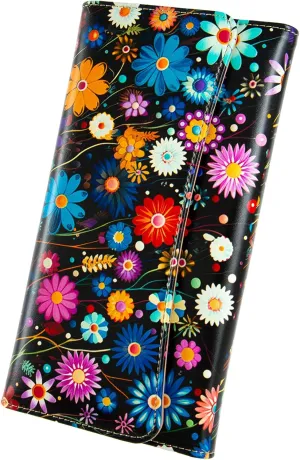 Womens Wallet Leather RFID Blocking Trifold Ladies Purse long Clutch Credit Card Holder Phone Checkbook Organizer (Colorful Flowers)