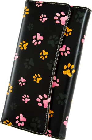 Womens Wallet Leather RFID Blocking Trifold Ladies Purse long Clutch Credit Card Holder Phone Checkbook Organizer (Paw Print)