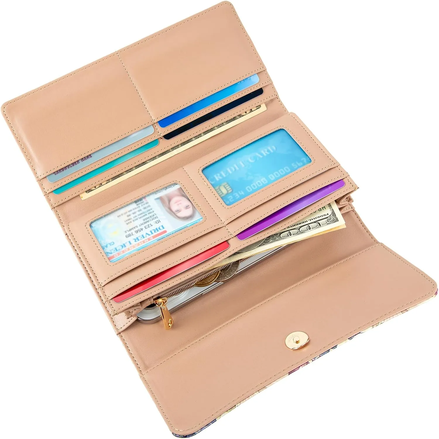 Womens Wallet Leather RFID Blocking Trifold Ladies Purse long Clutch Credit Card Holder Phone Checkbook Organizer (Watercolor Tulips)