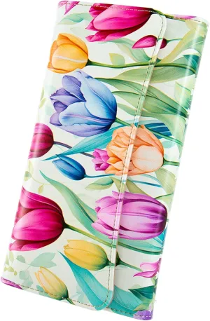 Womens Wallet Leather RFID Blocking Trifold Ladies Purse long Clutch Credit Card Holder Phone Checkbook Organizer (Watercolor Tulips)