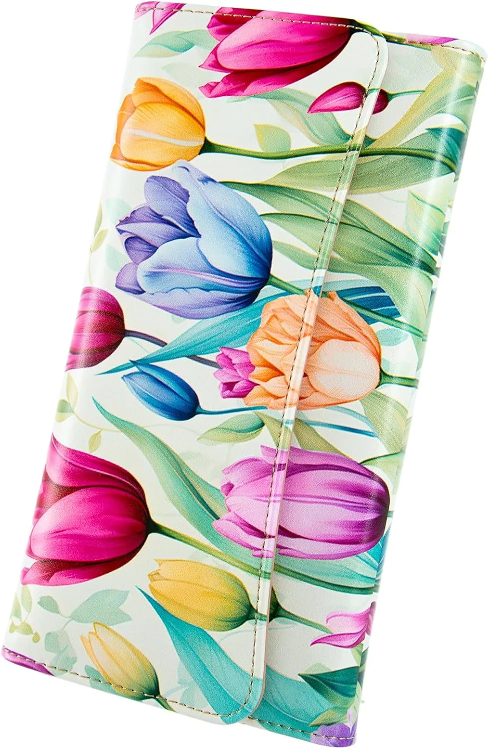 Womens Wallet Leather RFID Blocking Trifold Ladies Purse long Clutch Credit Card Holder Phone Checkbook Organizer (Watercolor Tulips)