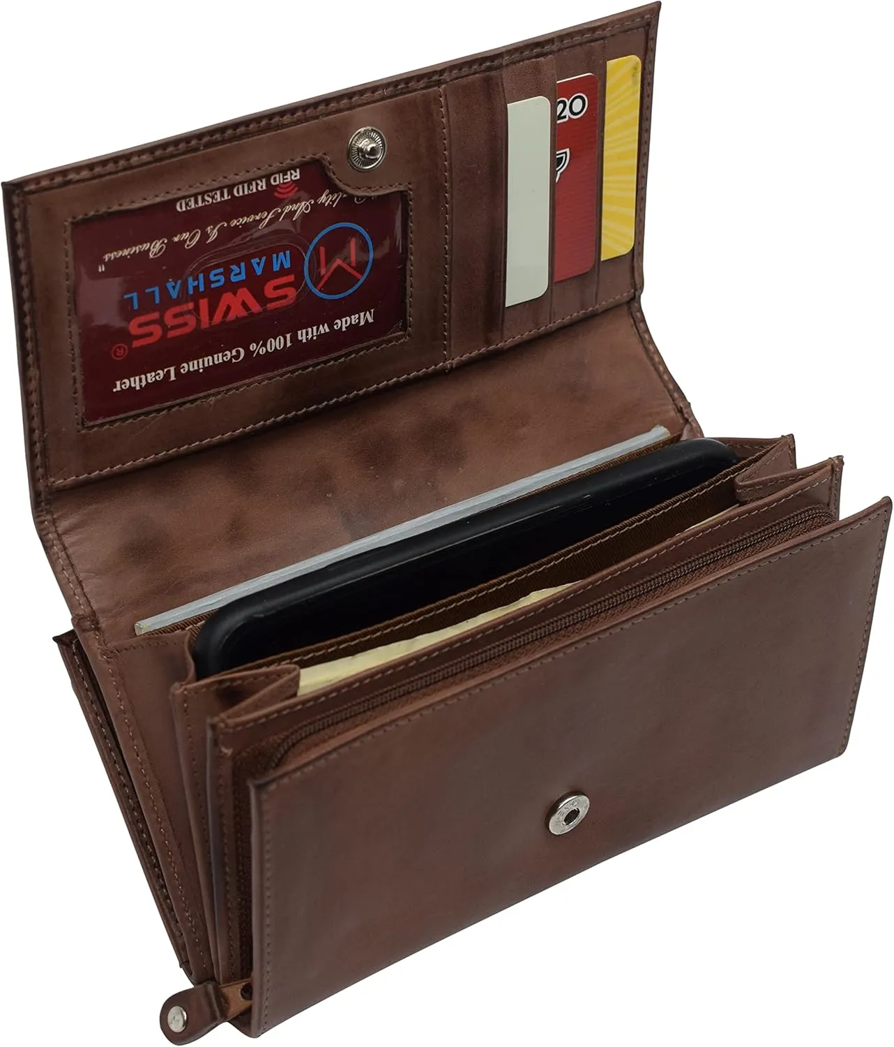 Womens Wallet RFID Blocking Genuine Leather Large Capacity Clutch Purse Smartphone Wallet Credit Card Holder (Brown)