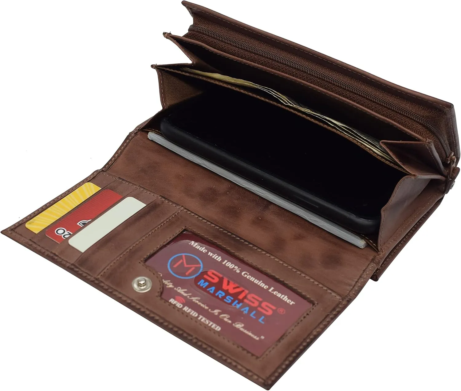 Womens Wallet RFID Blocking Genuine Leather Large Capacity Clutch Purse Smartphone Wallet Credit Card Holder (Brown)
