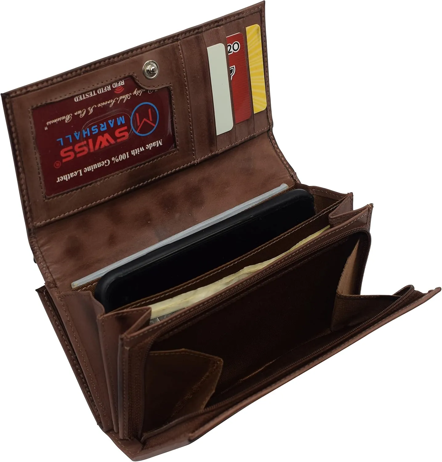 Womens Wallet RFID Blocking Genuine Leather Large Capacity Clutch Purse Smartphone Wallet Credit Card Holder (Brown)