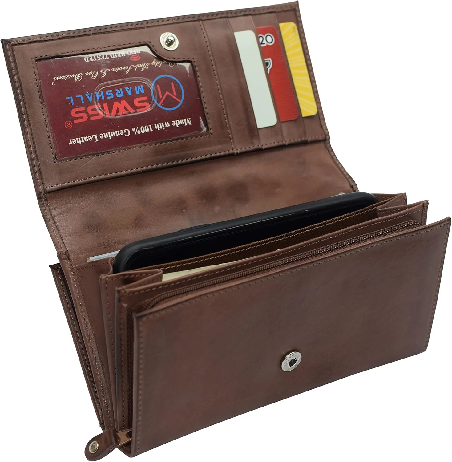 Womens Wallet RFID Blocking Genuine Leather Large Capacity Clutch Purse Smartphone Wallet Credit Card Holder (Brown)