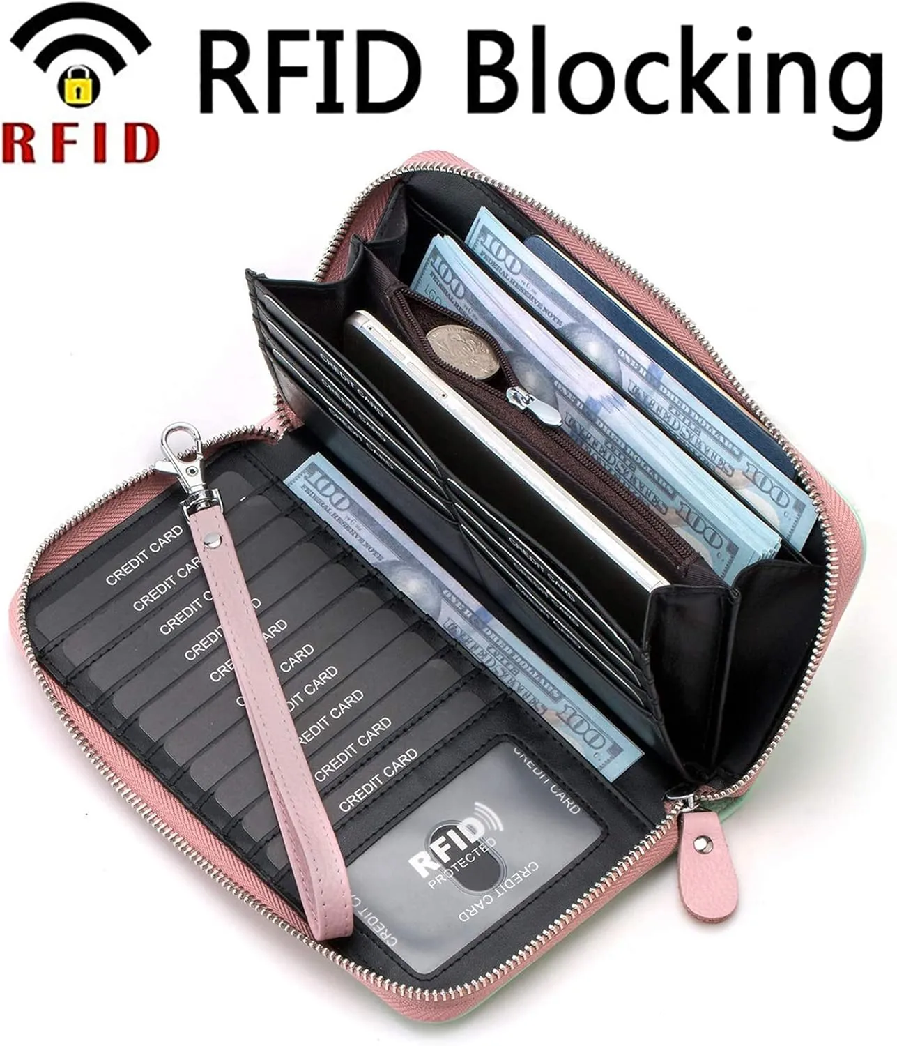 Womens Wallet RFID Blocking Genuine Leather Multi Credit Card Large Capacity Zip Around Clutch Travel Purse Wristlet