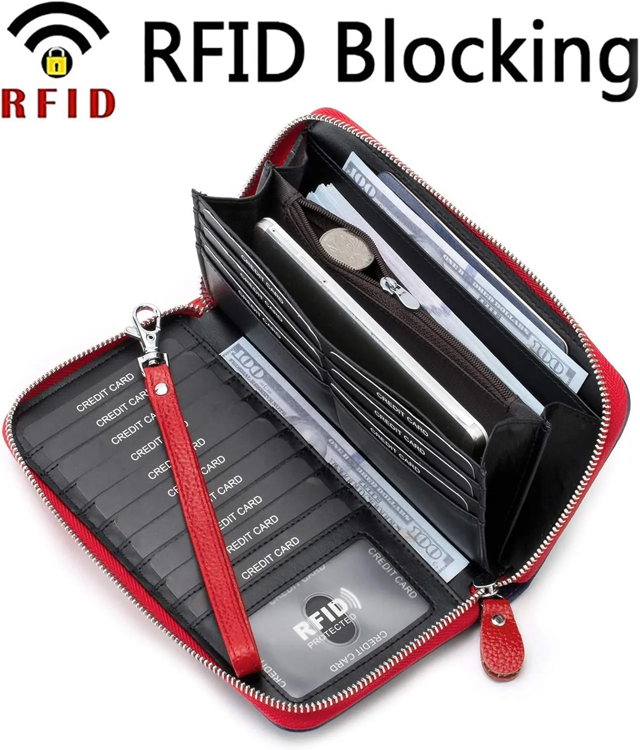 Womens Wallet RFID Blocking Genuine Leather Multi Credit Card Large Capacity Zip Around Clutch Travel Purse Wristlet