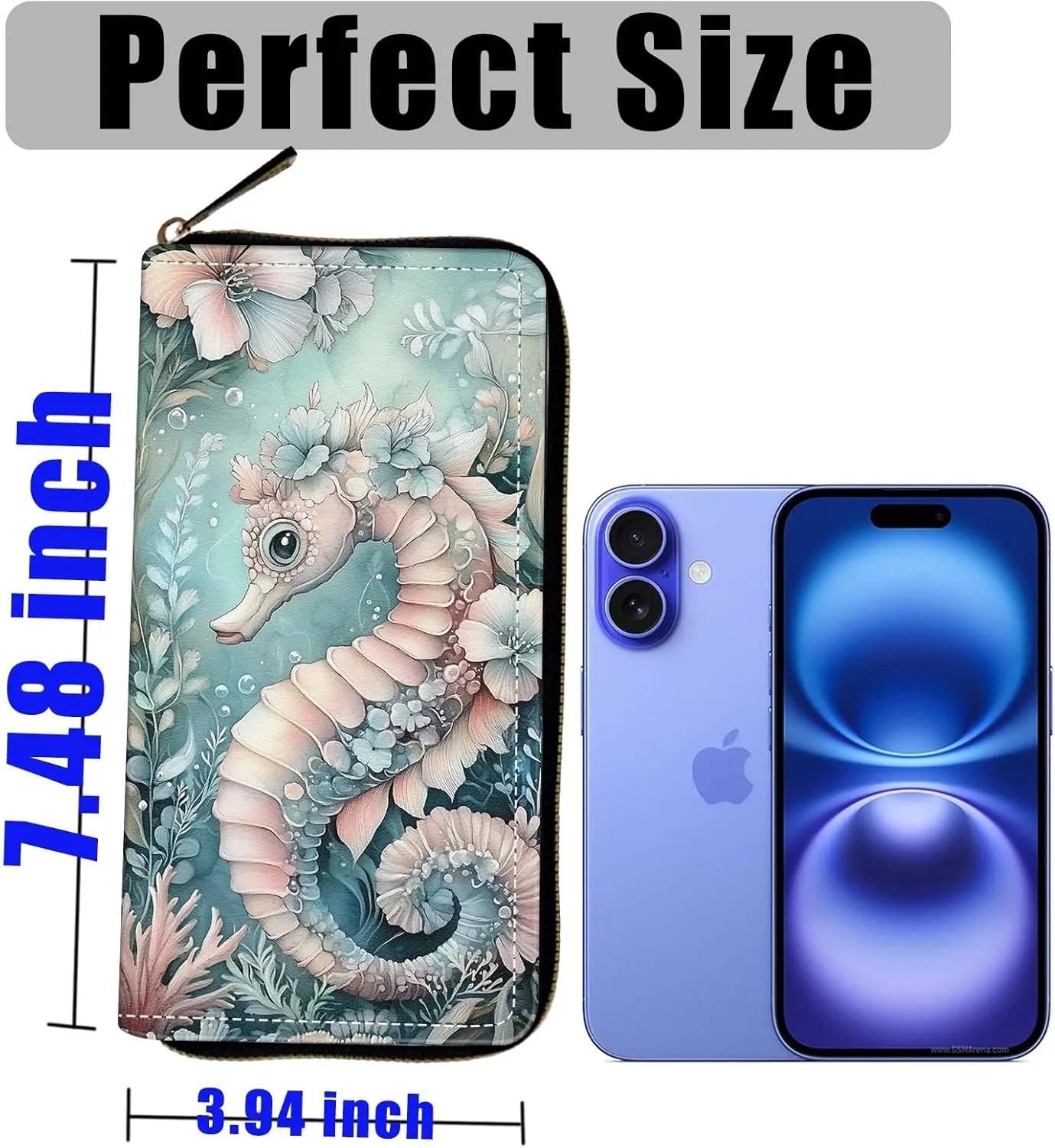 Women's Wallets,Wallet Wristlet for Women (Removable Wristlet) RFID Blocking Credit Card Holder Teen Girls PU Leather Phone Zip Around Men Wallet Clutch Travel Purse,Beautiful Seahorse