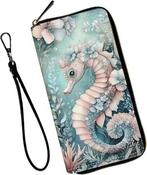 Women's Wallets,Wallet Wristlet for Women (Removable Wristlet) RFID Blocking Credit Card Holder Teen Girls PU Leather Phone Zip Around Men Wallet Clutch Travel Purse,Beautiful Seahorse