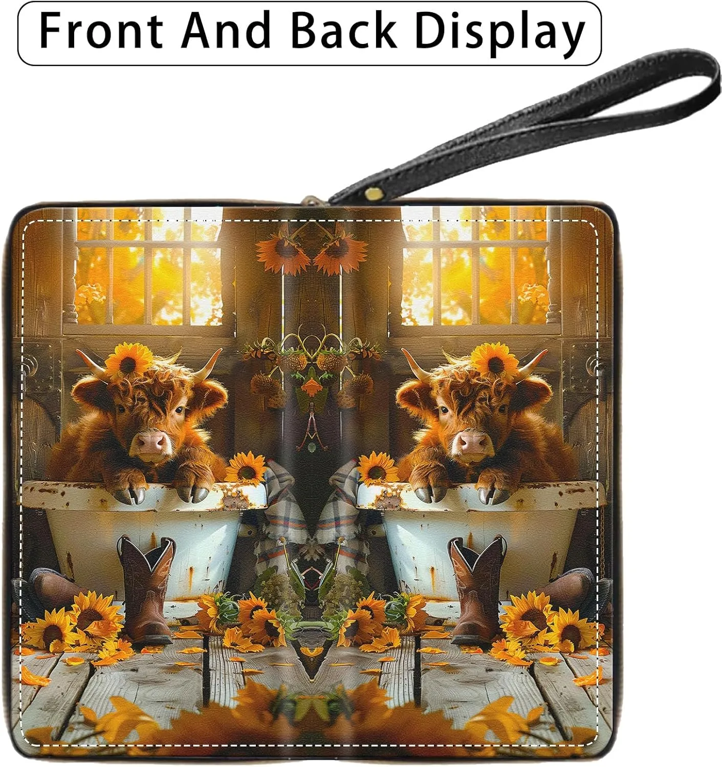 Women's Wallets,Wallet Wristlet for Women (Removable Wristlet) RFID Blocking Credit Card Holder Teen Girls PU Leather Phone Zip Around Men Wallet Clutch Travel Purse,Highland Cow Sunflower