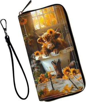 Women's Wallets,Wallet Wristlet for Women (Removable Wristlet) RFID Blocking Credit Card Holder Teen Girls PU Leather Phone Zip Around Men Wallet Clutch Travel Purse,Highland Cow Sunflower