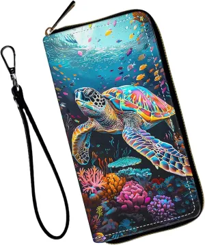 Women's Wallets,Wallet Wristlet for Women (Removable Wristlet) RFID Blocking Credit Card Holder Teen Girls PU Leather Phone Zip Around Men Wallet Clutch Travel Purse,Sea Turtles