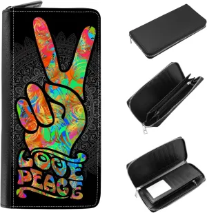 Women's Zip Around Wallet and Phone Clutch - RFID Blocking with Card Holder Organizer - Hippie Peace Sign