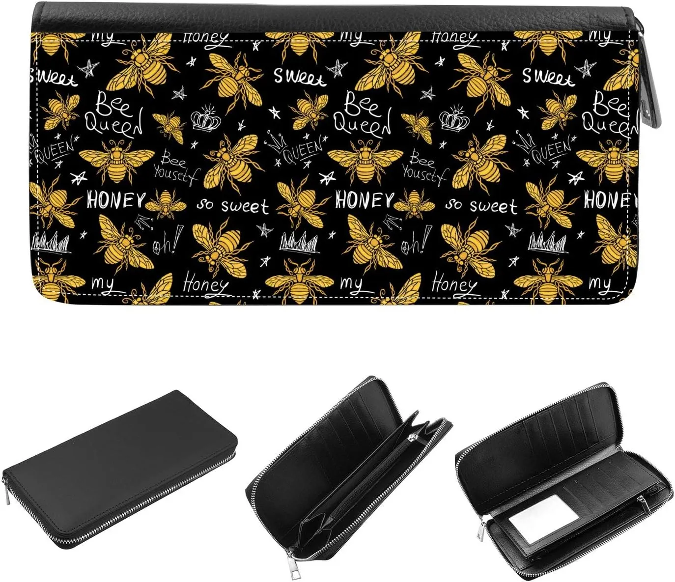Women's Zip Around Wallet and Phone Clutch - RFID Blocking with Card Holder Organizer - Honey bee golden pattern queen crown textile