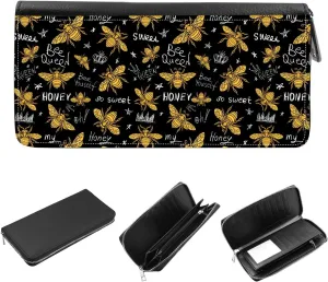 Women's Zip Around Wallet and Phone Clutch - RFID Blocking with Card Holder Organizer - Honey bee golden pattern queen crown textile