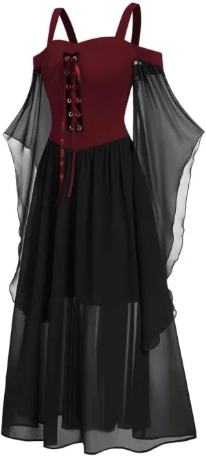 Womne Bellatrix Gothic Dress Lace Off Shoulder Sexy Renaissance Steampunk Butterfly Sleeve Irregular Corset Dress