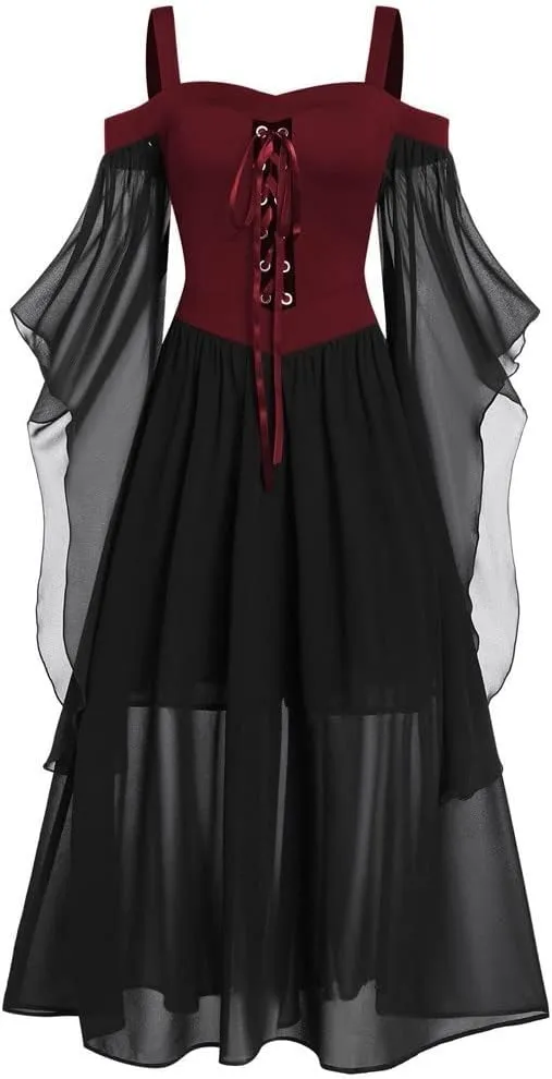 Womne Bellatrix Gothic Dress Lace Off Shoulder Sexy Renaissance Steampunk Butterfly Sleeve Irregular Corset Dress