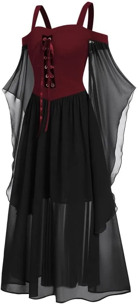 Womne Bellatrix Gothic Dress Lace Off Shoulder Sexy Renaissance Steampunk Butterfly Sleeve Irregular Corset Dress