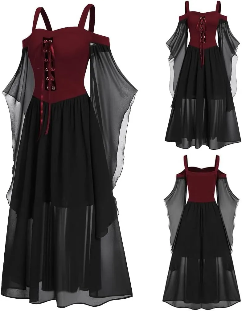 Womne Bellatrix Gothic Dress Lace Off Shoulder Sexy Renaissance Steampunk Butterfly Sleeve Irregular Corset Dress