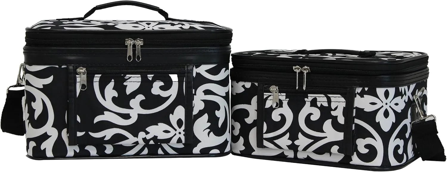 World Traveler Women's 2-Piece Cosmetic Case Set, Black Trim Damask