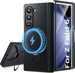 WSKEN for Z Fold 6 Case with Magnetic Stand,Compatible with Magsafe, Military Grade Shockproof Case Built-in Screen Protector, Carbon Fiber Texture Design for Samsung Galaxy Z Fold 6,Black