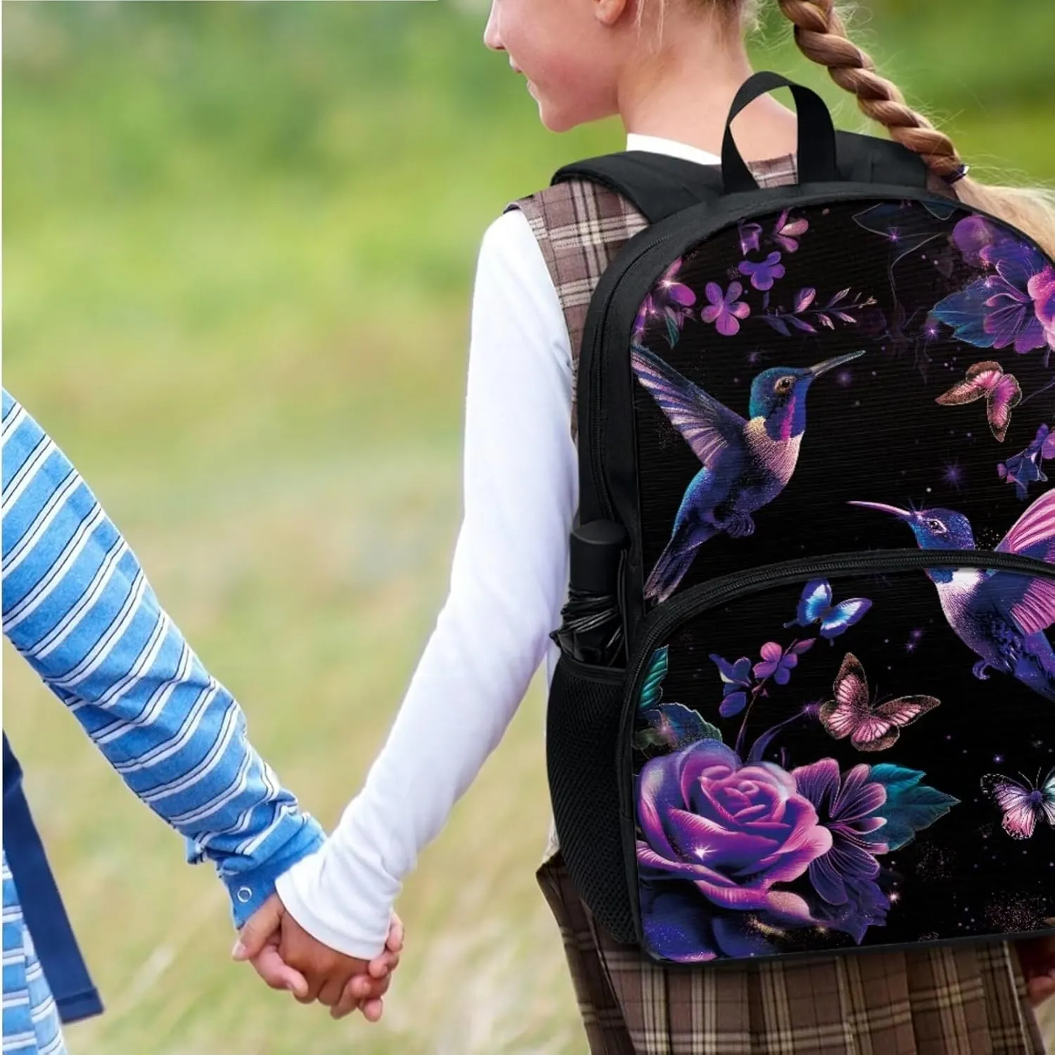 Xoenoiee Hummingbird Butterfly Purple Floral Print Kids Backpack Set for Boys Girls 17in School Backpack & Lunch Bag & Pencil Bag 3 in 1 Set for School Picnic Travel
