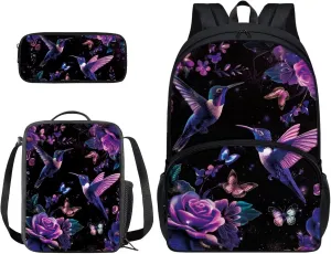 Xoenoiee Hummingbird Butterfly Purple Floral Print Kids Backpack Set for Boys Girls 17in School Backpack & Lunch Bag & Pencil Bag 3 in 1 Set for School Picnic Travel