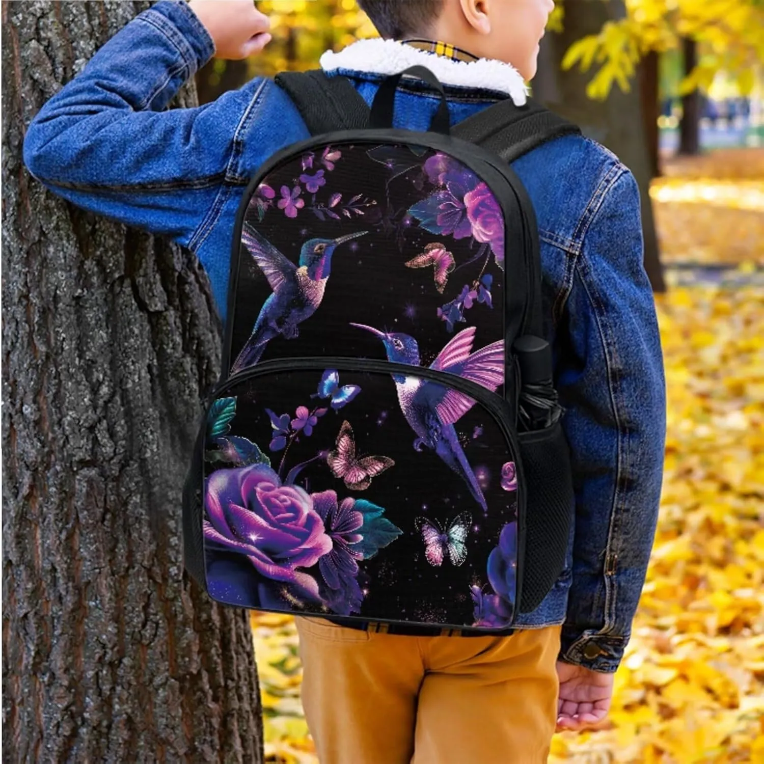 Xoenoiee Hummingbird Butterfly Purple Floral Print Kids Backpack Set for Boys Girls 17in School Backpack & Lunch Bag & Pencil Bag 3 in 1 Set for School Picnic Travel