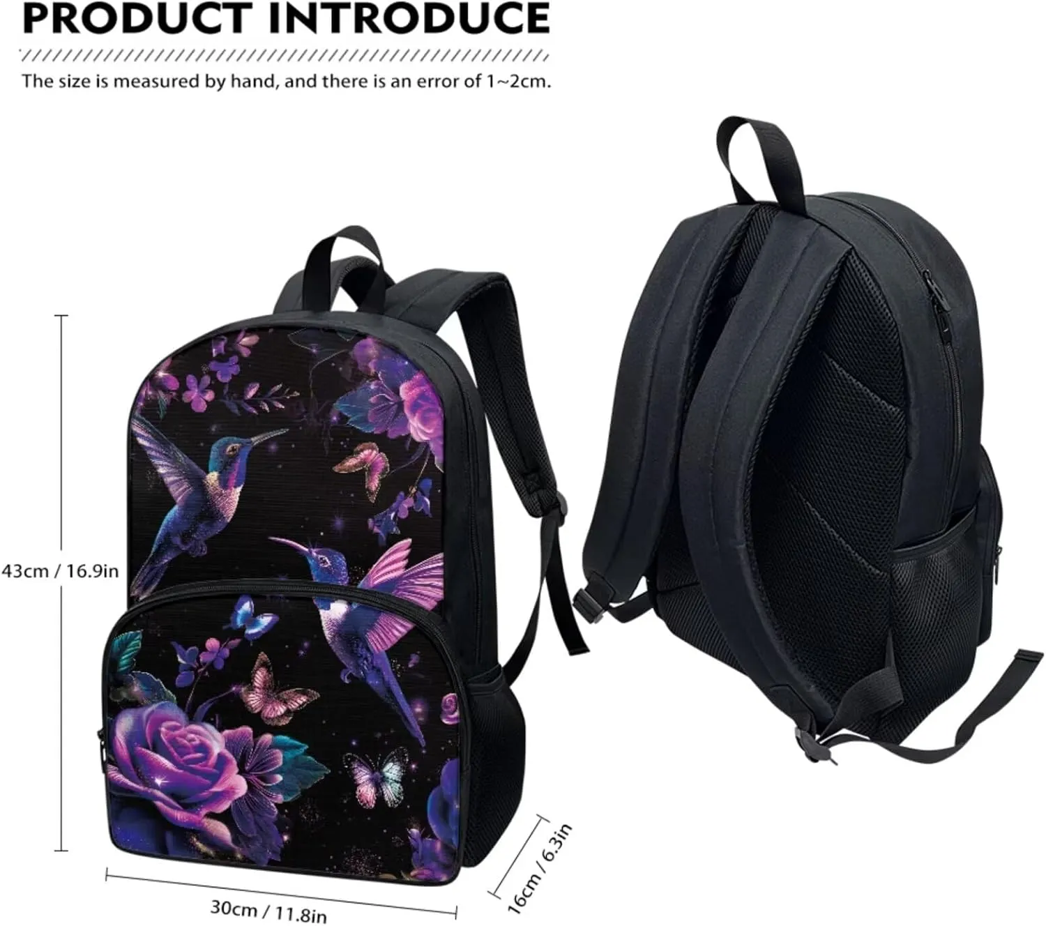 Xoenoiee Hummingbird Butterfly Purple Floral Print Kids Backpack Set for Boys Girls 17in School Backpack & Lunch Bag & Pencil Bag 3 in 1 Set for School Picnic Travel