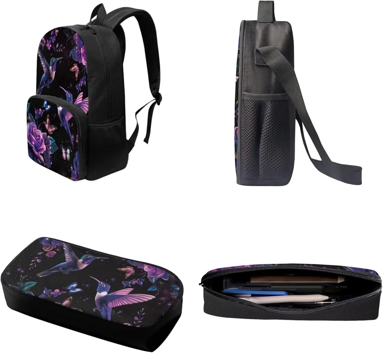 Xoenoiee Hummingbird Butterfly Purple Floral Print Kids Backpack Set for Boys Girls 17in School Backpack & Lunch Bag & Pencil Bag 3 in 1 Set for School Picnic Travel