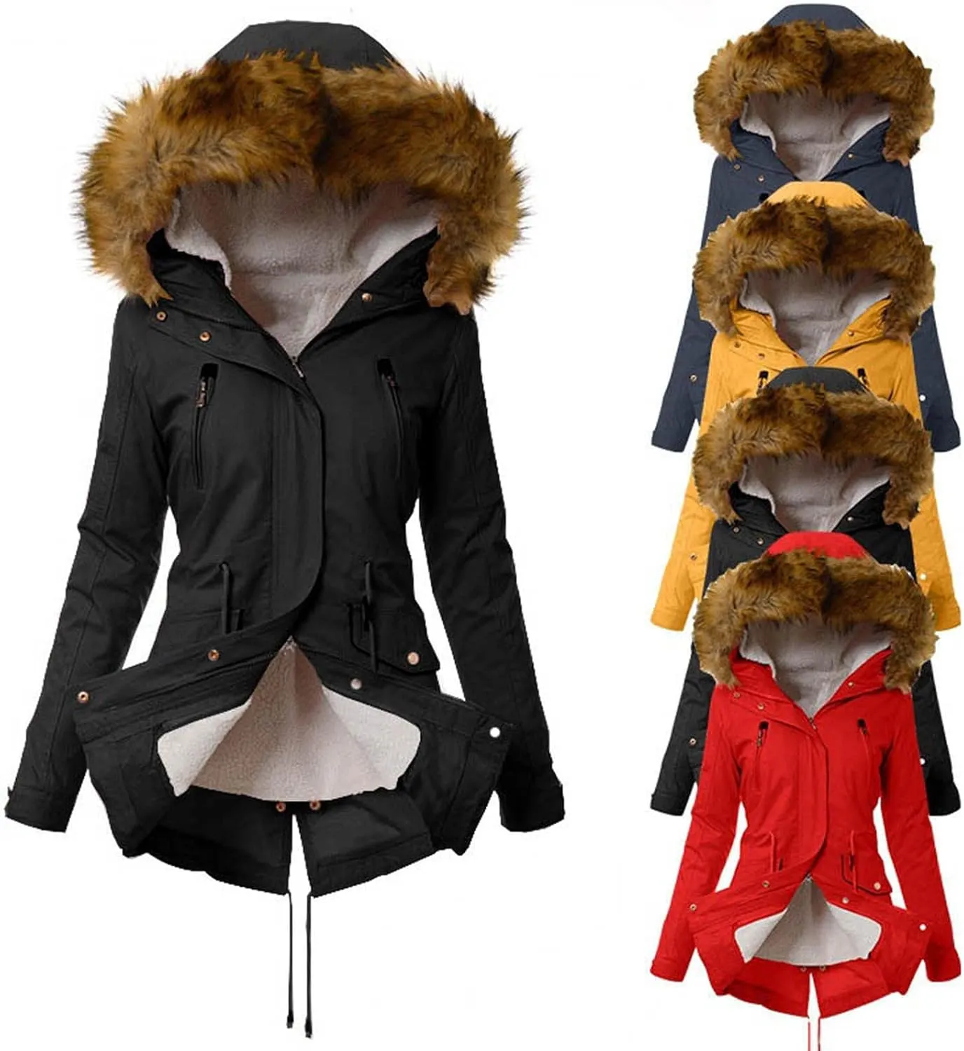 XUNRYAN Winter Coats for Women Warm Sherpa Fleece Jacket Weighted Parka Thick Ski Coat Slim Fit Mountain Windbreaker Outwear