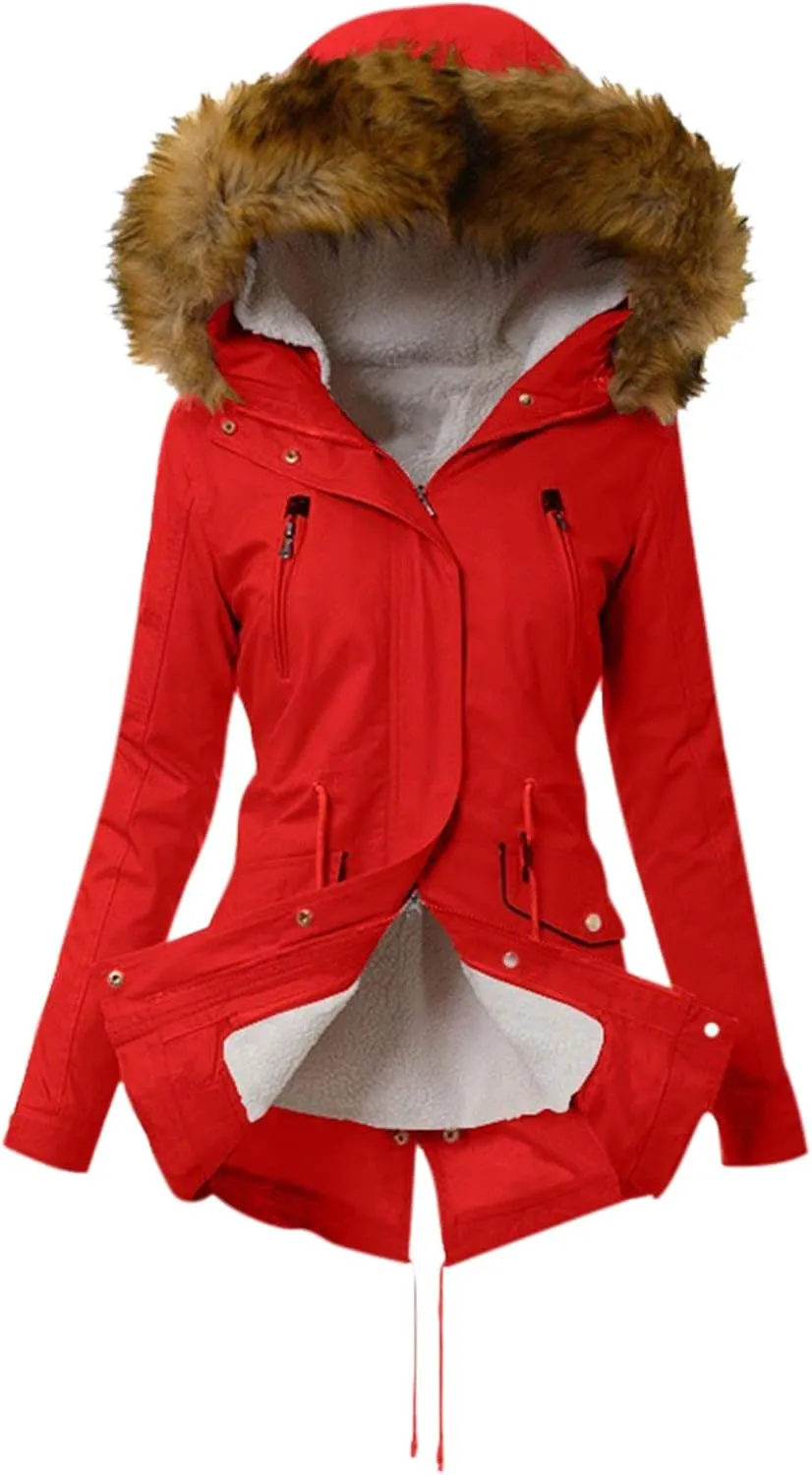 XUNRYAN Winter Coats for Women Warm Sherpa Fleece Jacket Weighted Parka Thick Ski Coat Slim Fit Mountain Windbreaker Outwear