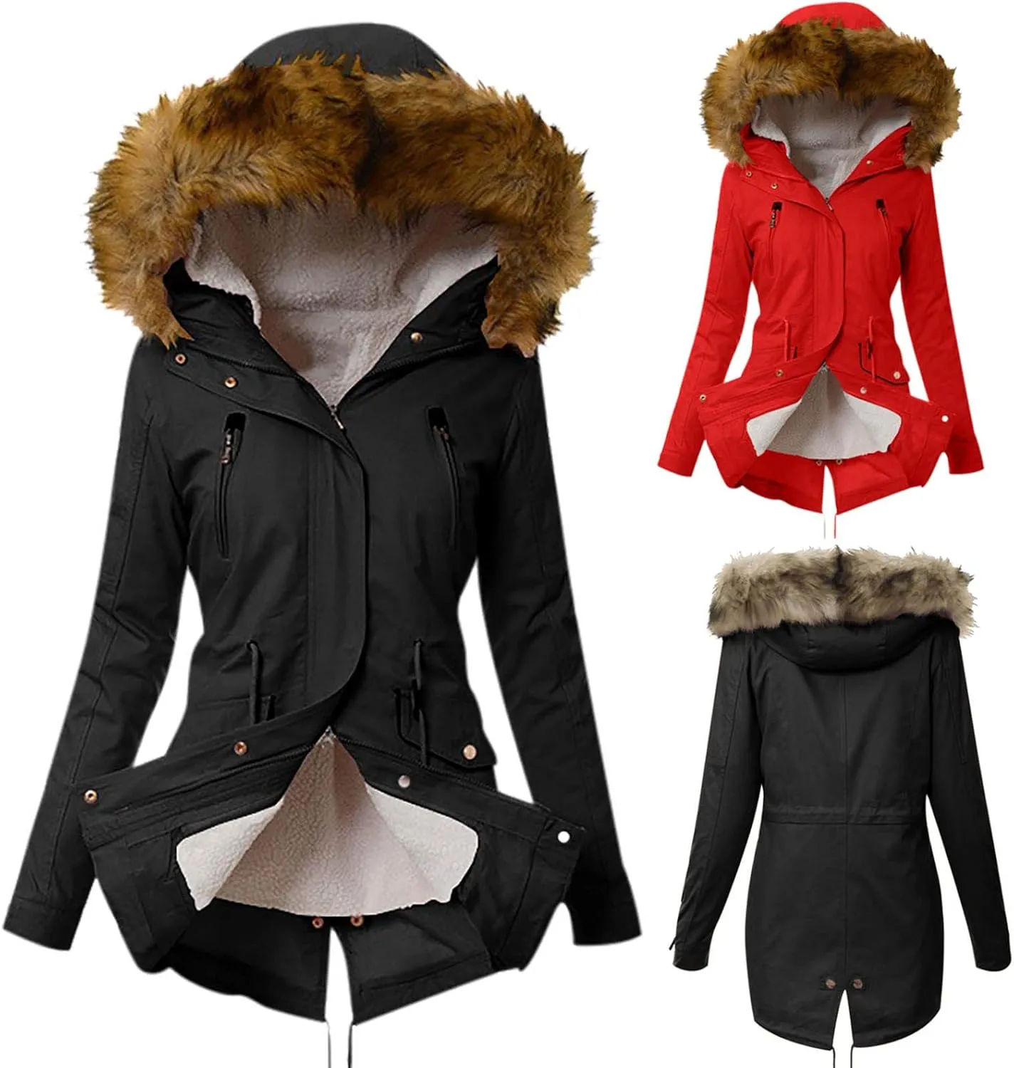 XUNRYAN Winter Coats for Women Warm Sherpa Fleece Jacket Weighted Parka Thick Ski Coat Slim Fit Mountain Windbreaker Outwear